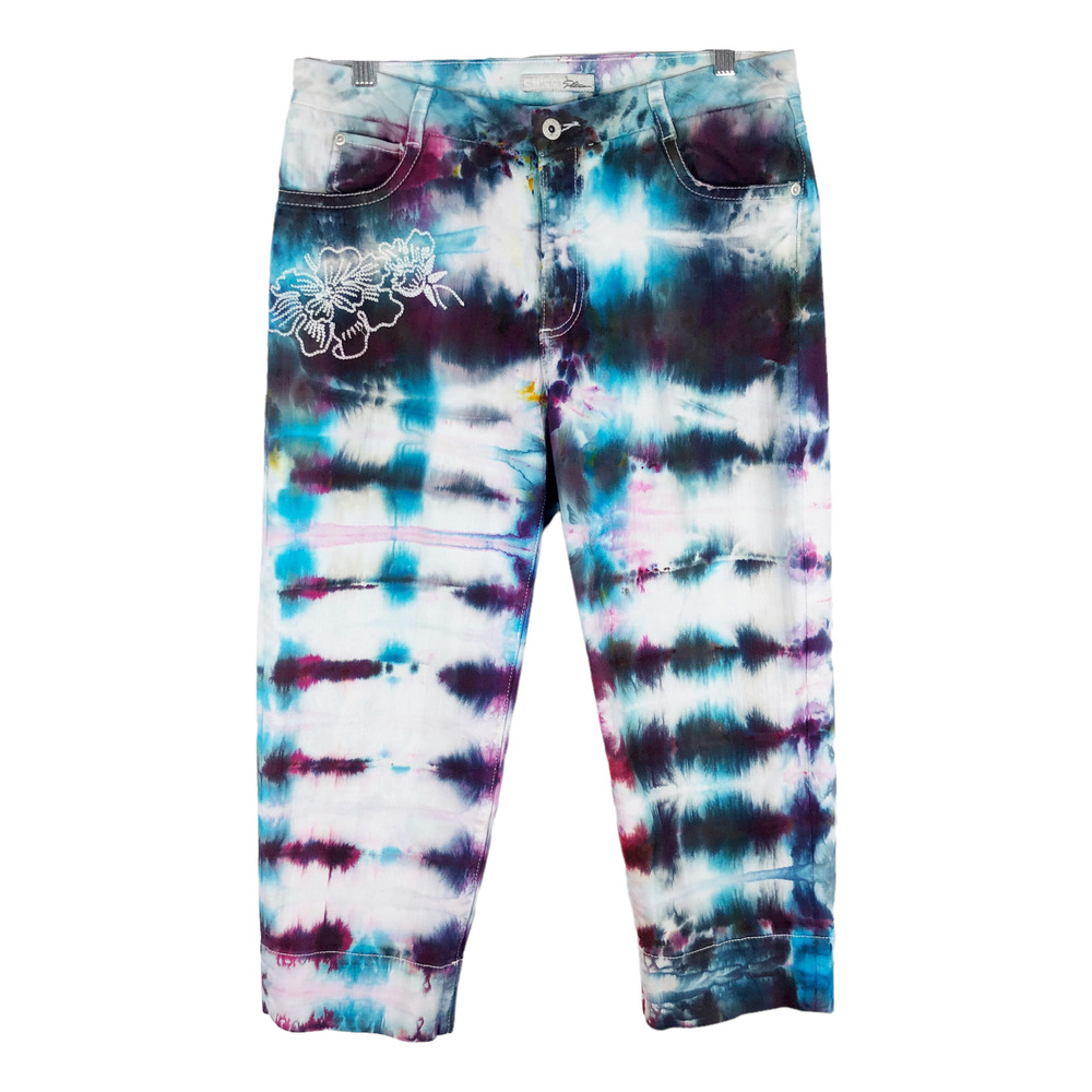 Chicos 1 Size 8 Cropped Jeans Handmade Tie Dye Flower Frenzy Black Pink 205‎